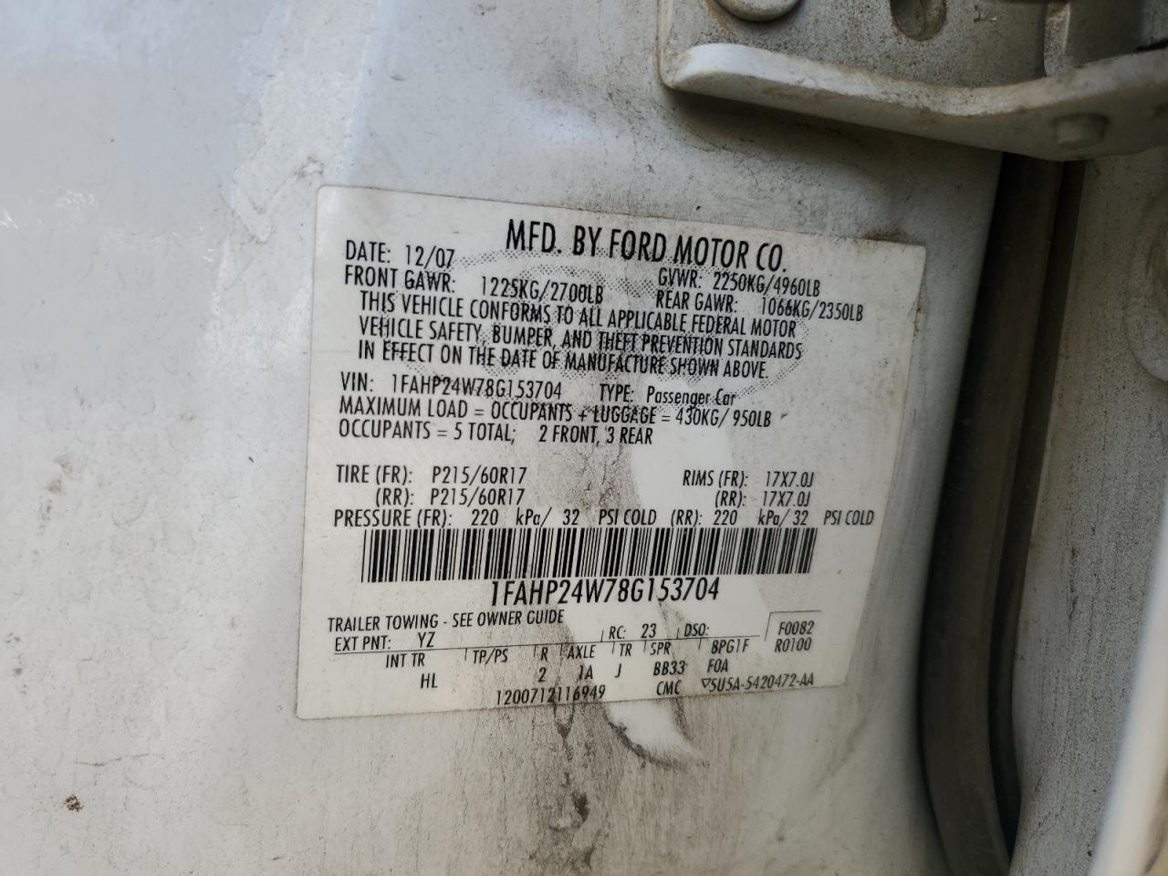2008 Ford Taurus Sel VIN: 1FAHP24W78G153704 Lot: 59602915
