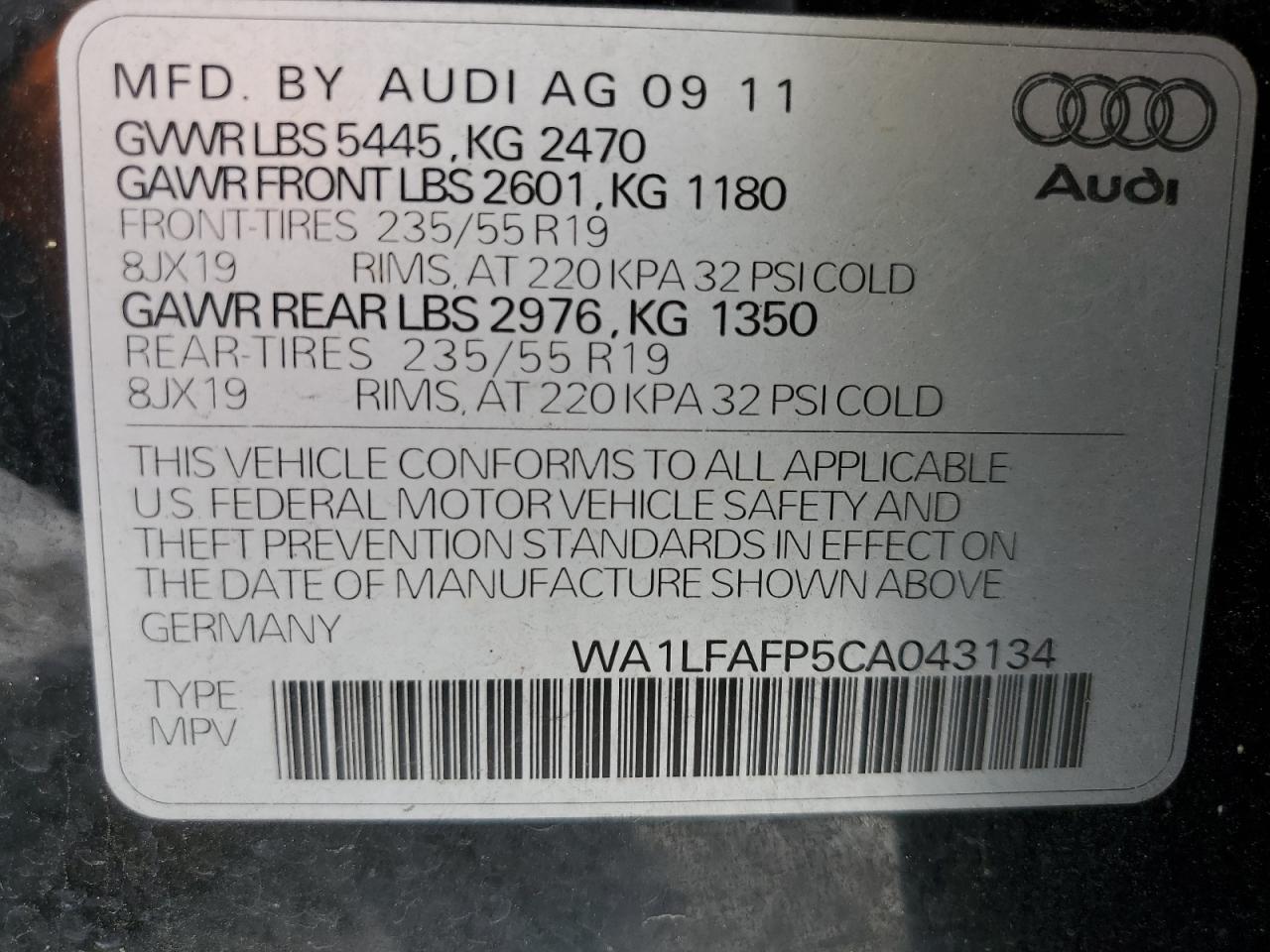 2012 Audi Q5 Premium Plus VIN: WA1LFAFP5CA043134 Lot: 60497655