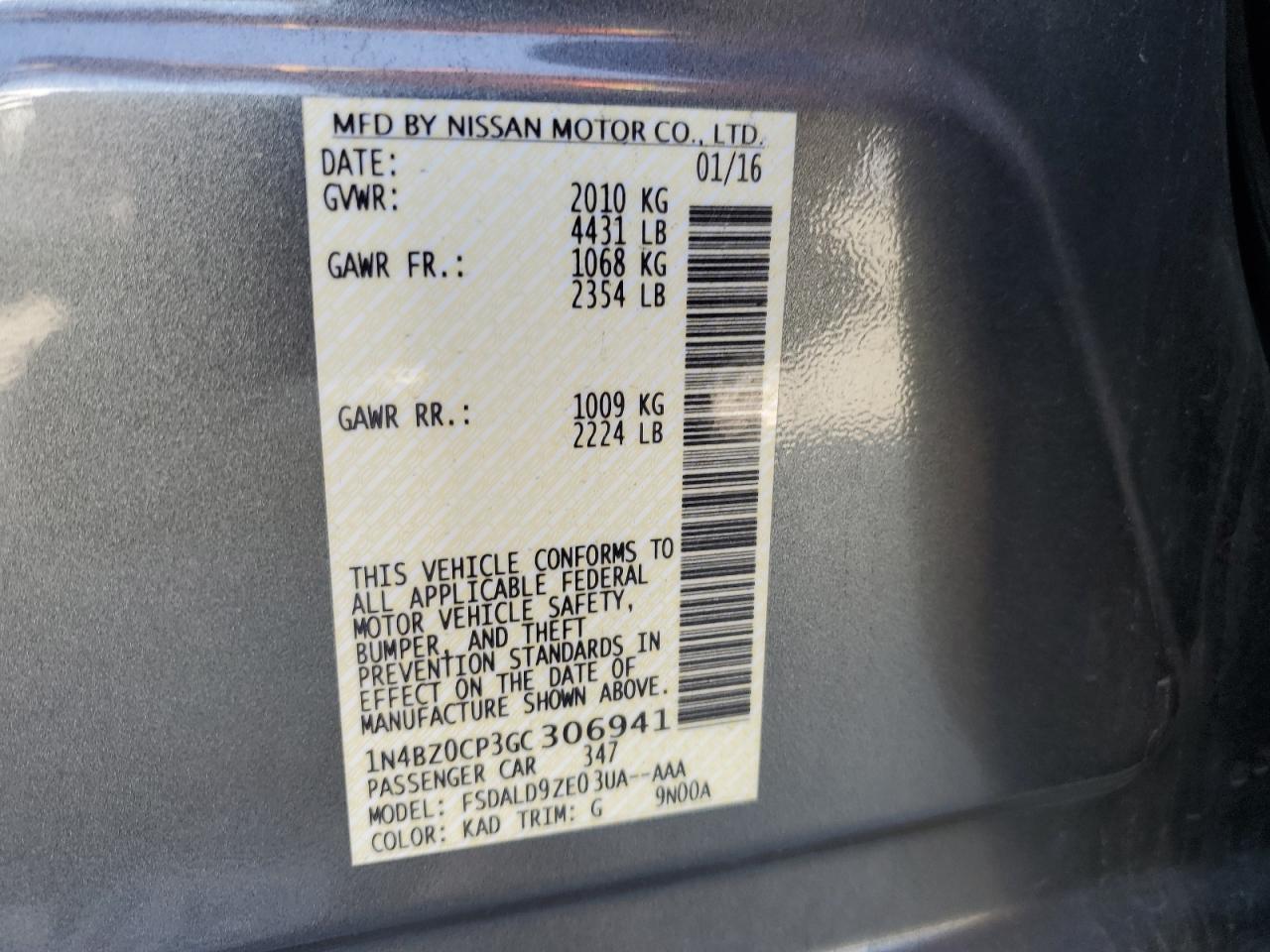 2016 Nissan Leaf Sv VIN: 1N4BZ0CP3GC306941 Lot: 62605465