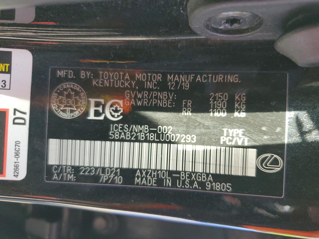 2020 Lexus Es 300H VIN: 58AB21B18LU007293 Lot: 59730555