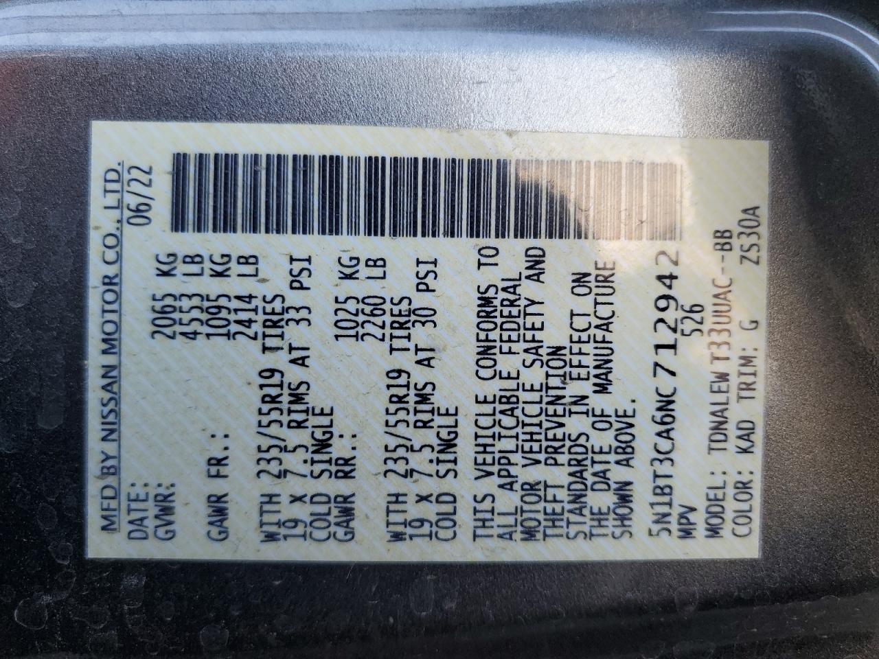 2022 Nissan Rogue Sl VIN: 5N1BT3CA6NC712942 Lot: 60925815