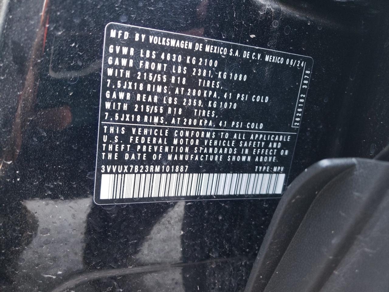 2024 Volkswagen Taos Se VIN: 3VVUX7B23RM101887 Lot: 60249565