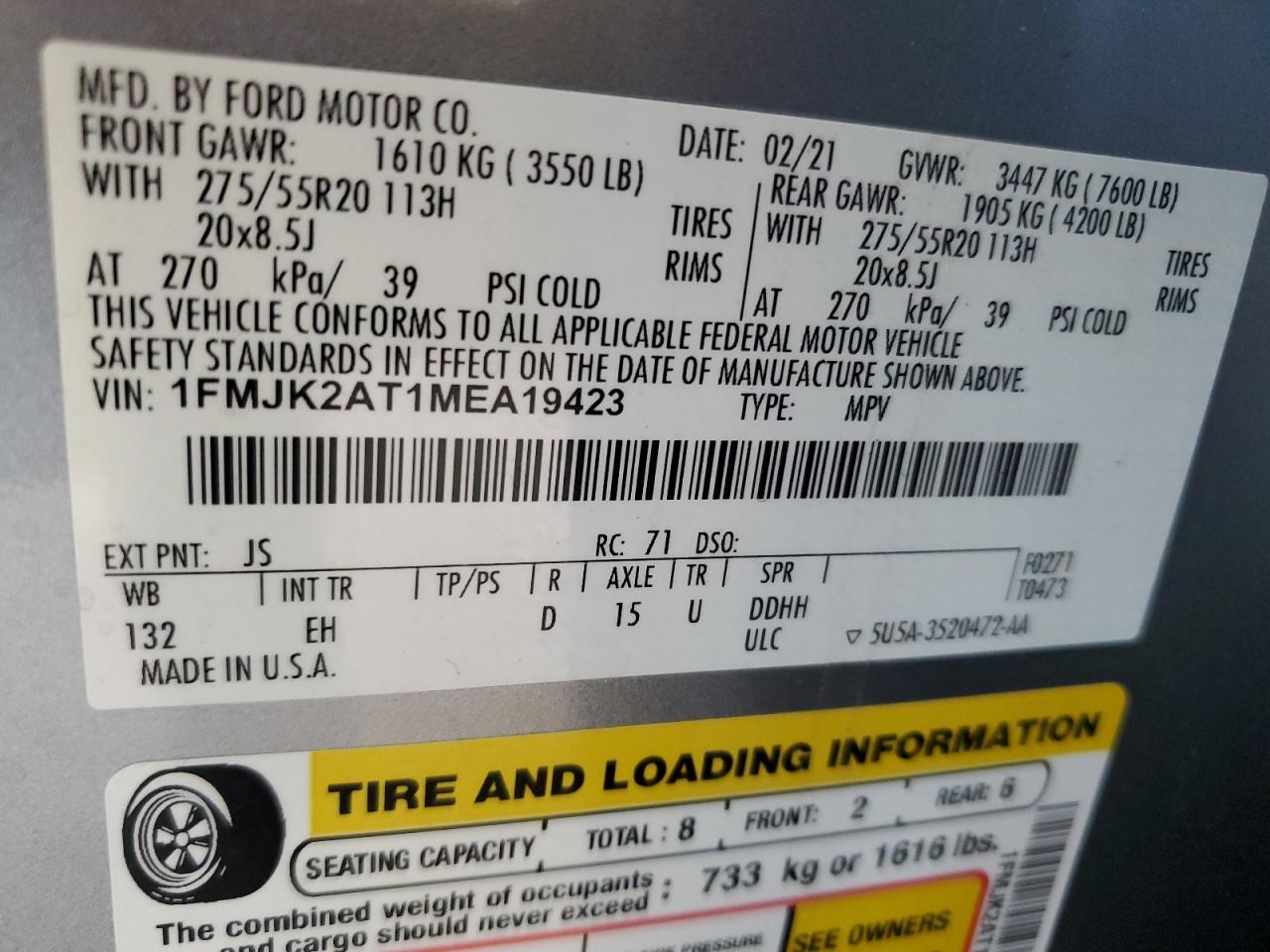 2021 Ford Expedition Max Limited VIN: 1FMJK2AT1MEA19423 Lot: 62277095