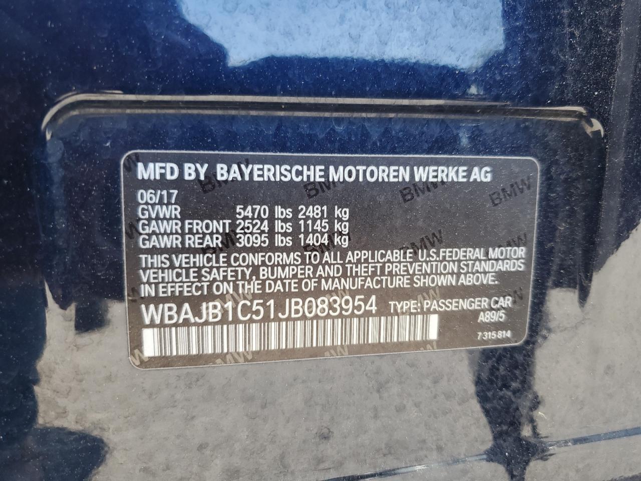 2018 BMW 530Xe VIN: WBAJB1C51JB083954 Lot: 61908195