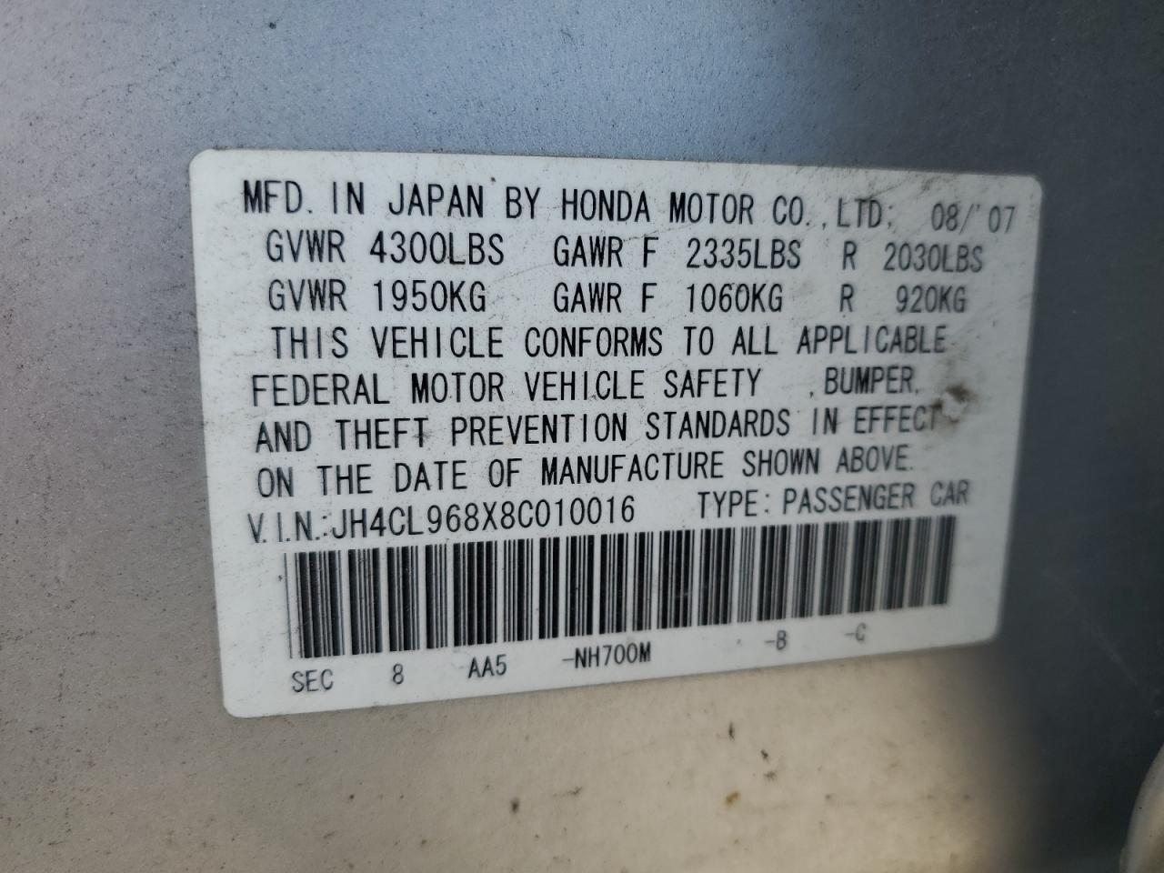 2008 Acura Tsx VIN: JH4CL968X8C010016 Lot: 62832455