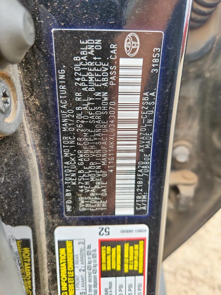 2020 Toyota Camry Se VIN: 4T1G11AKXLU343070 Lot: 62368145