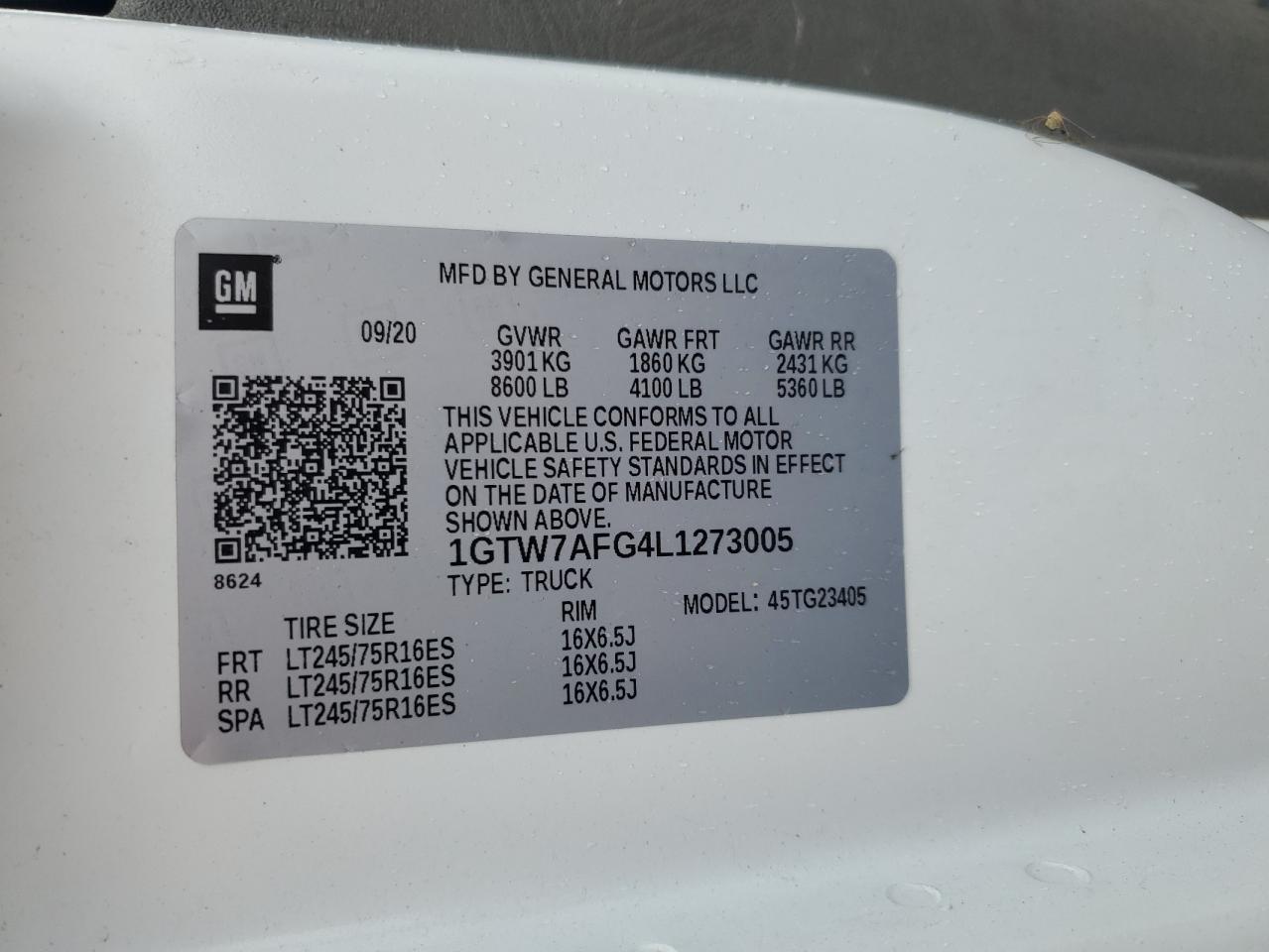 2020 GMC Savana G2500 VIN: 1GTW7AFG4L1273005 Lot: 60652105