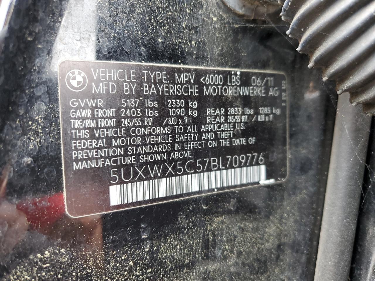 2011 BMW X3 xDrive28I VIN: 5UXWX5C57BL709776 Lot: 61033825