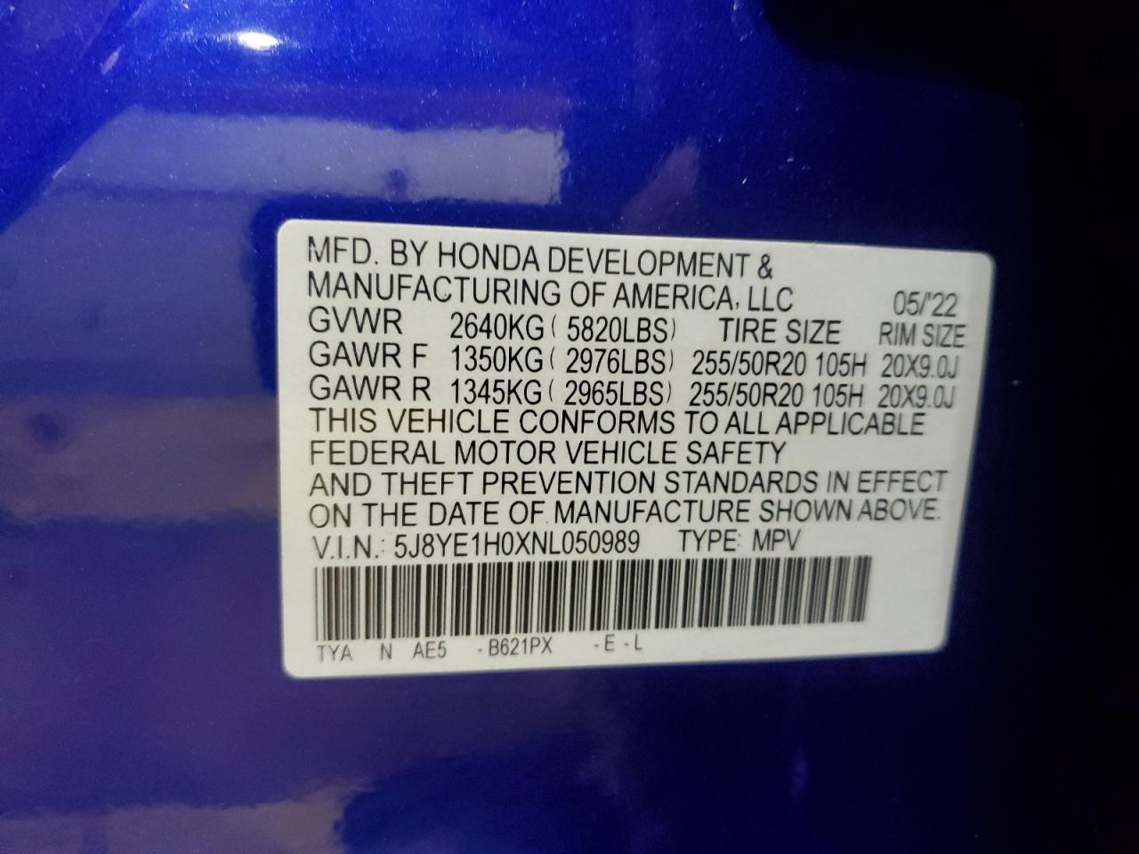 2022 Acura Mdx A-Spec VIN: 5J8YE1H0XNL050989 Lot: 61613775