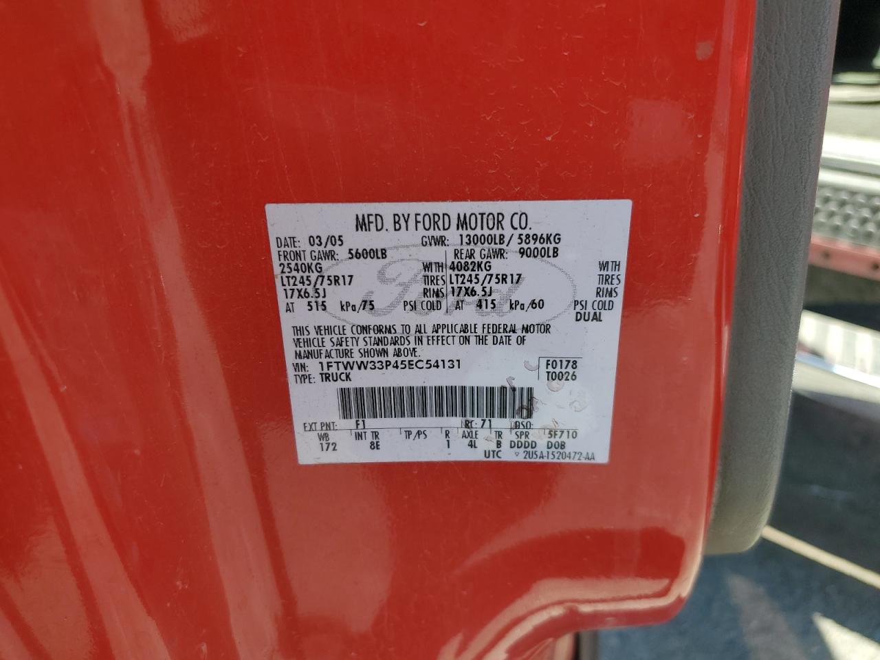 2005 Ford F350 Super Duty VIN: 1FTWW33P45EC54131 Lot: 61946295