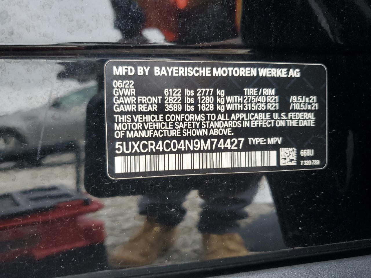 2022 BMW X5 Sdrive 40I VIN: 5UXCR4C04N9M74427 Lot: 60404065