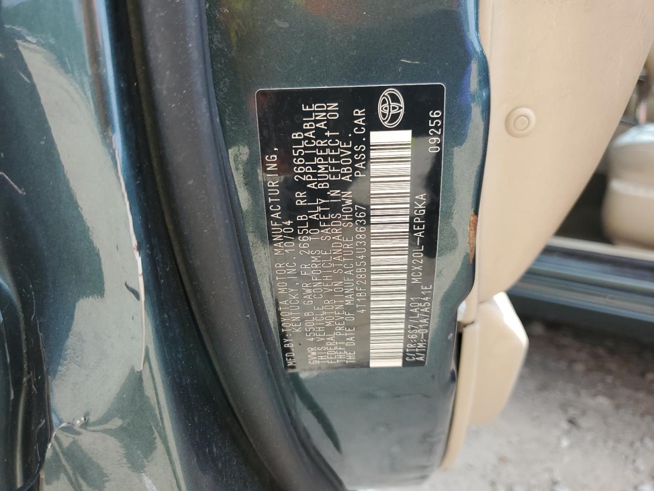 2004 Toyota Avalon Xl VIN: 4T1BF28B54U386367 Lot: 62122385