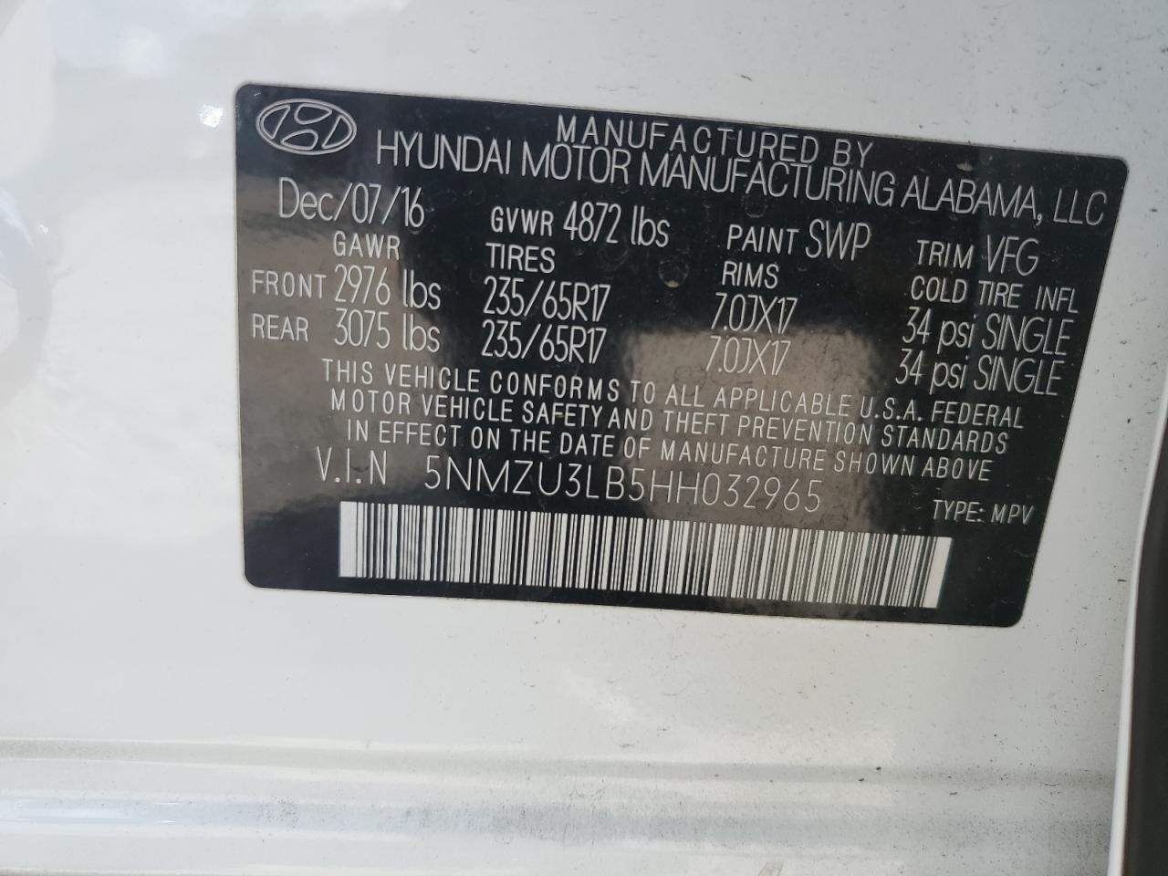 2017 Hyun Santa Fe Sport VIN: 5NMZU3LB5HH032965 Lot: 62353595