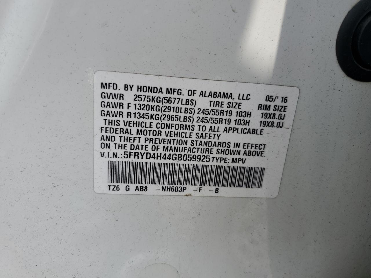2016 Acura Mdx Technology VIN: 5FRYD4H44GB059925 Lot: 62384215