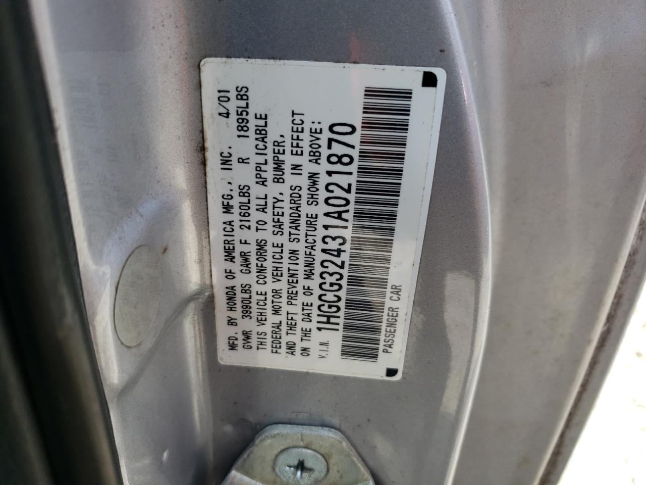 2001 Honda Accord Lx VIN: 1HGCG32431A021870 Lot: 61724805