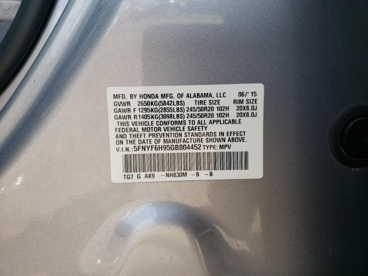2016 Honda Pilot Touring VIN: 5FNYF6H95GB004452 Lot: 62515575