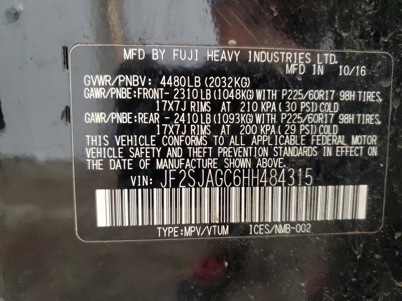 2017 Subaru Forester 2.5I Premium VIN: JF2SJAGC6HH484315 Lot: 61764555