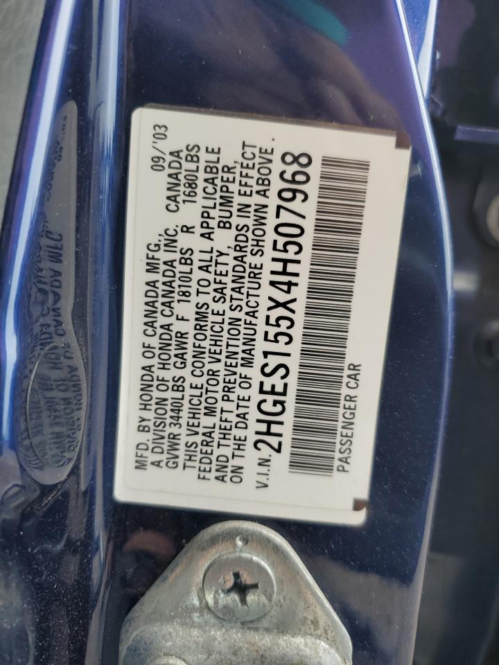 2004 Honda Civic Lx VIN: 2HGES155X4H507968 Lot: 62261555