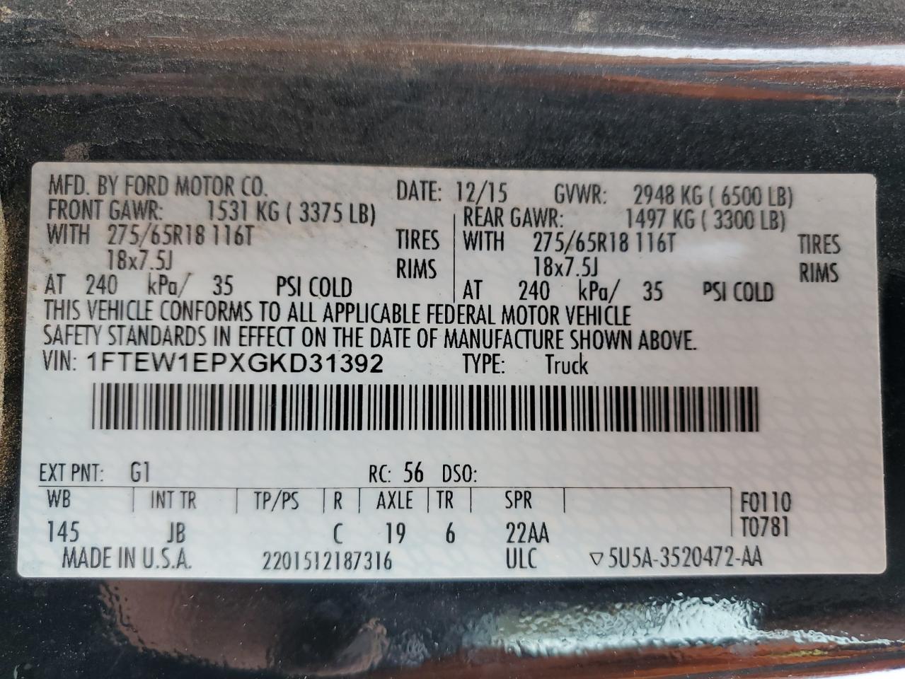 2016 Ford F150 Supercrew VIN: 1FTEW1EPXGKD31392 Lot: 59629575