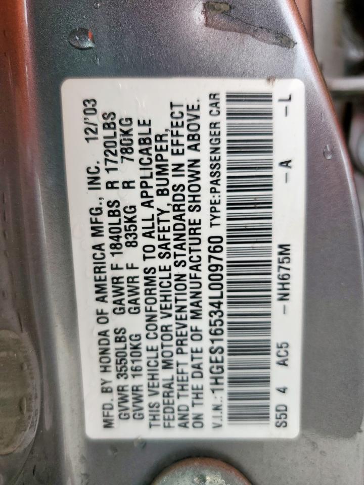 2004 Honda Civic Lx VIN: 1HGES16534L009760 Lot: 60633375