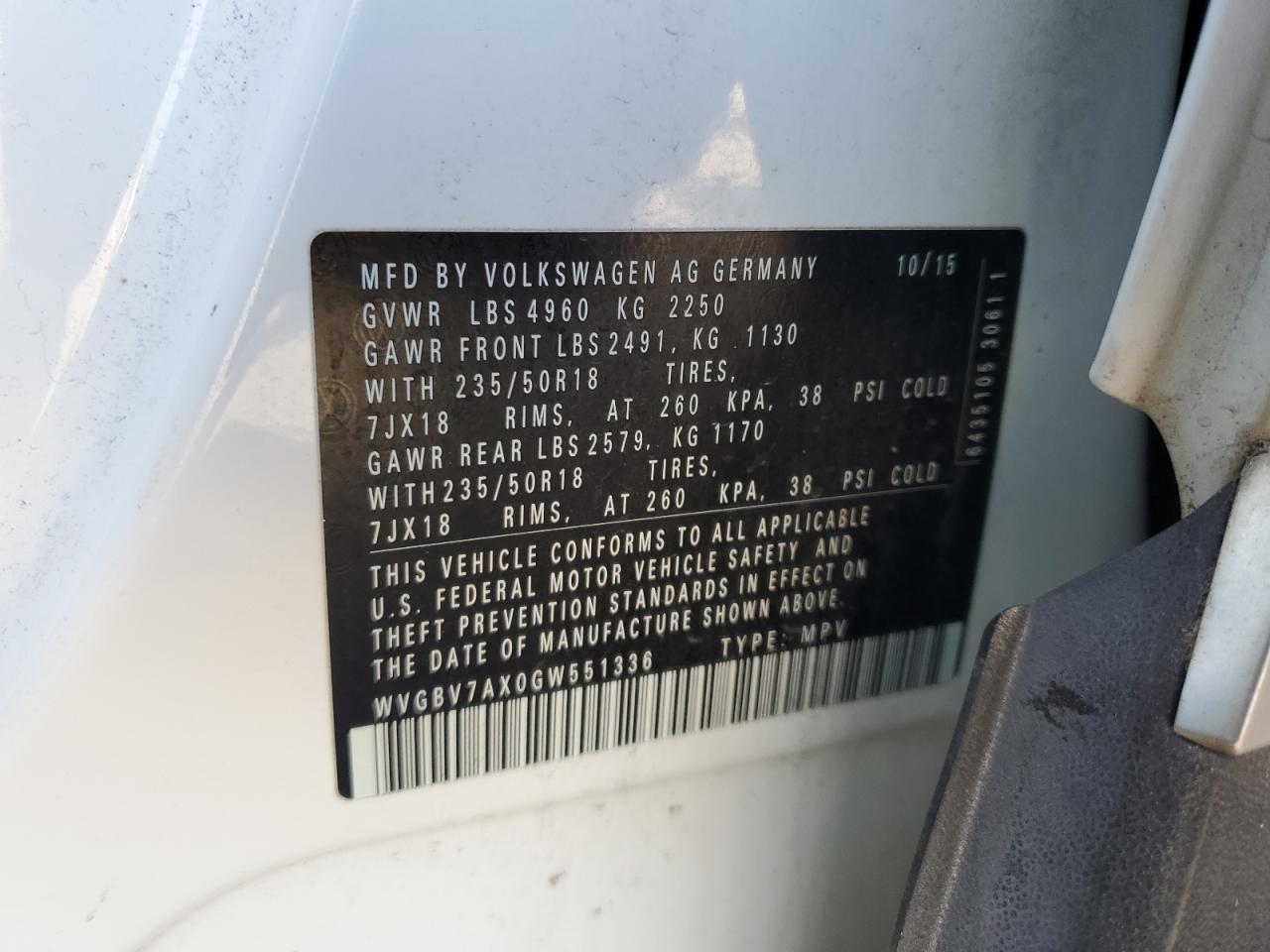 2016 Volkswagen Tiguan S VIN: WVGBV7AX0GW551336 Lot: 61378515