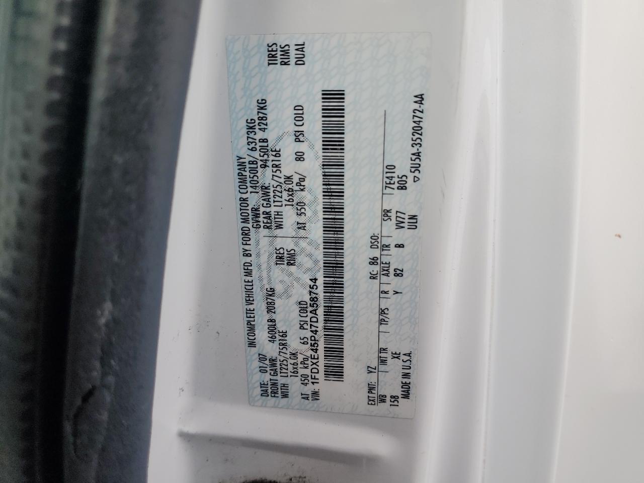 2007 Ford Econoline E450 Super Duty Cutaway Van VIN: 1FDXE45P47DA58754 Lot: 59593625