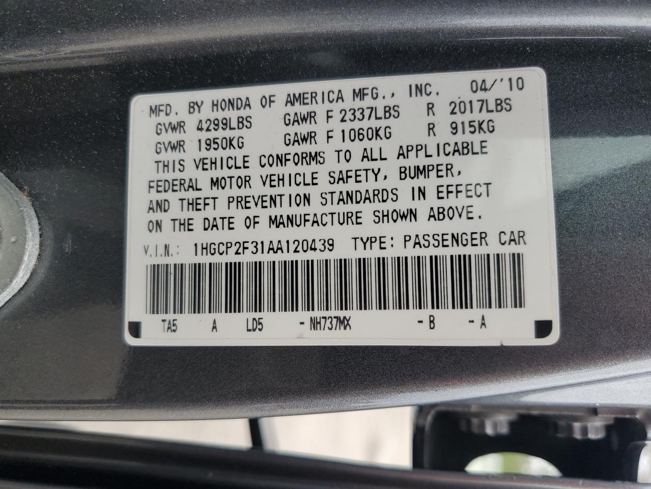 2010 Honda Accord Lx VIN: 1HGCP2F31AA120439 Lot: 61575985