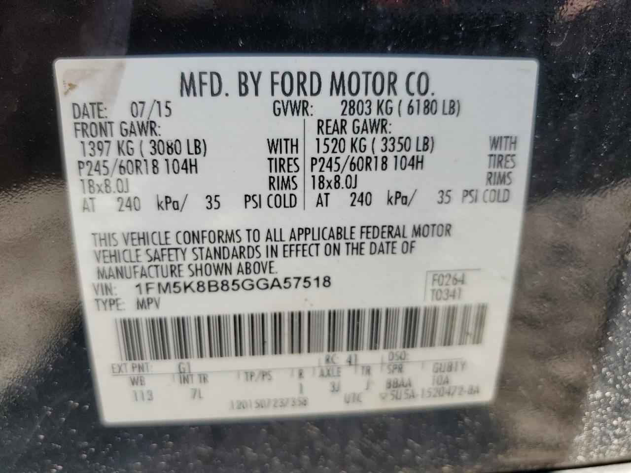 2016 Ford Explorer VIN: 1FM5K8B85GGA57518 Lot: 60694785