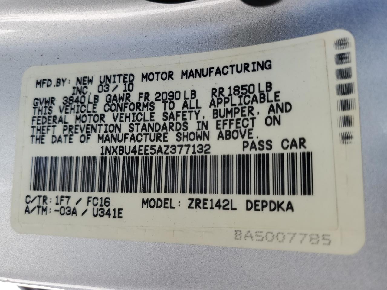 2010 Toyota Corolla Base VIN: 1NXBU4EE5AZ377132 Lot: 62966935