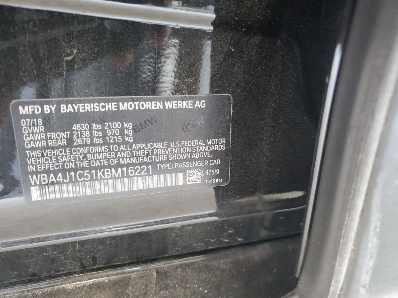 2019 BMW 430I Gran Coupe VIN: WBA4J1C51KBM16221 Lot: 59527005