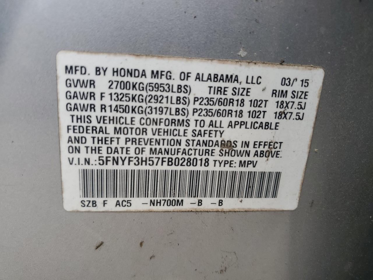 HONDA PILOT 2015 VIN 5FNYF3H57FB028018 фото 13