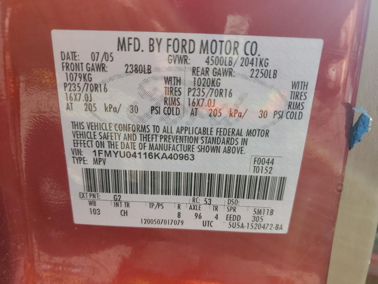 2006 Ford Escape Limited VIN: 1FMYU04116KA40963 Lot: 61600525