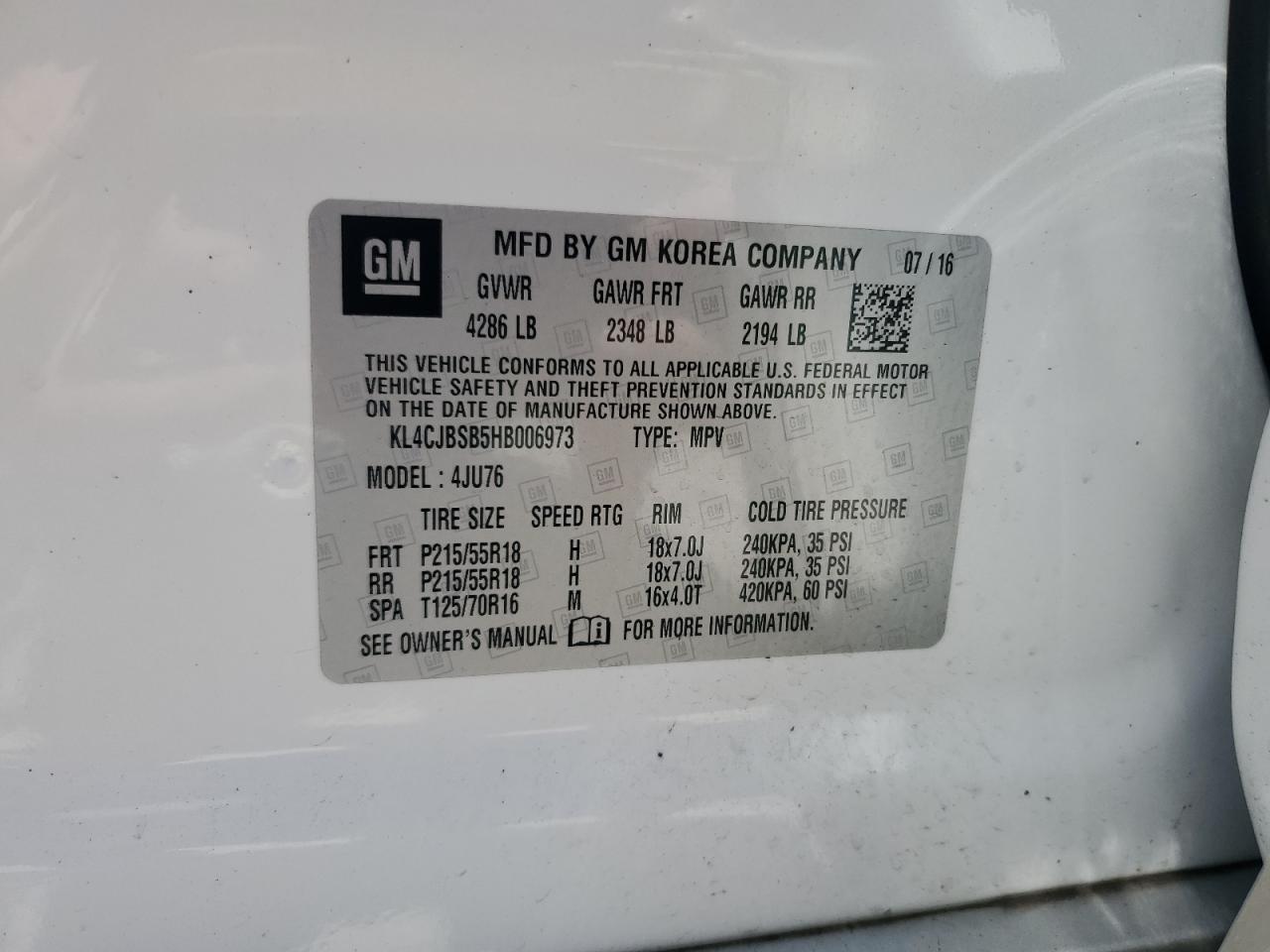 2017 Buick Encore Preferred Ii VIN: KL4CJBSB5HB006973 Lot: 62476365