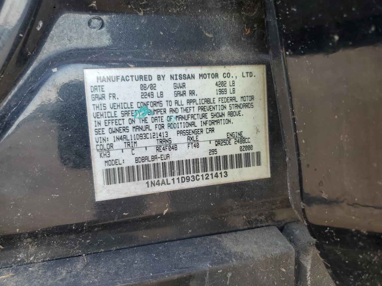 2003 Nissan Altima Base VIN: 1N4AL11D93C121413 Lot: 61921755