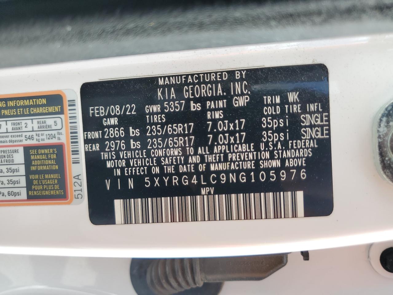 2022 Kia Sorento Lx VIN: 5XYRG4LC9NG105976 Lot: 60972455