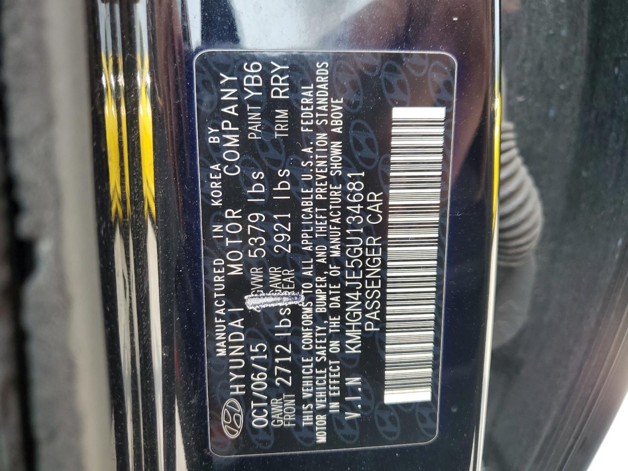 2016 Hyundai Genesis 3.8L VIN: KMHGN4JE5GU134681 Lot: 60138085