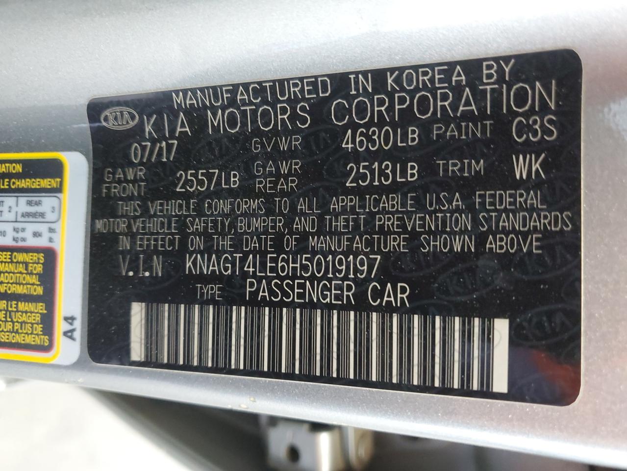 2017 Kia Optima Hybrid VIN: KNAGT4LE6H5019197 Lot: 61450035
