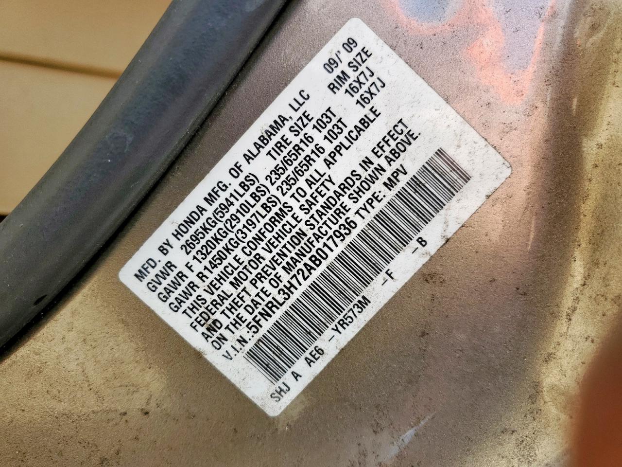 2010 Honda Odyssey Exl VIN: 5FNRL3H72AB017936 Lot: 63052665