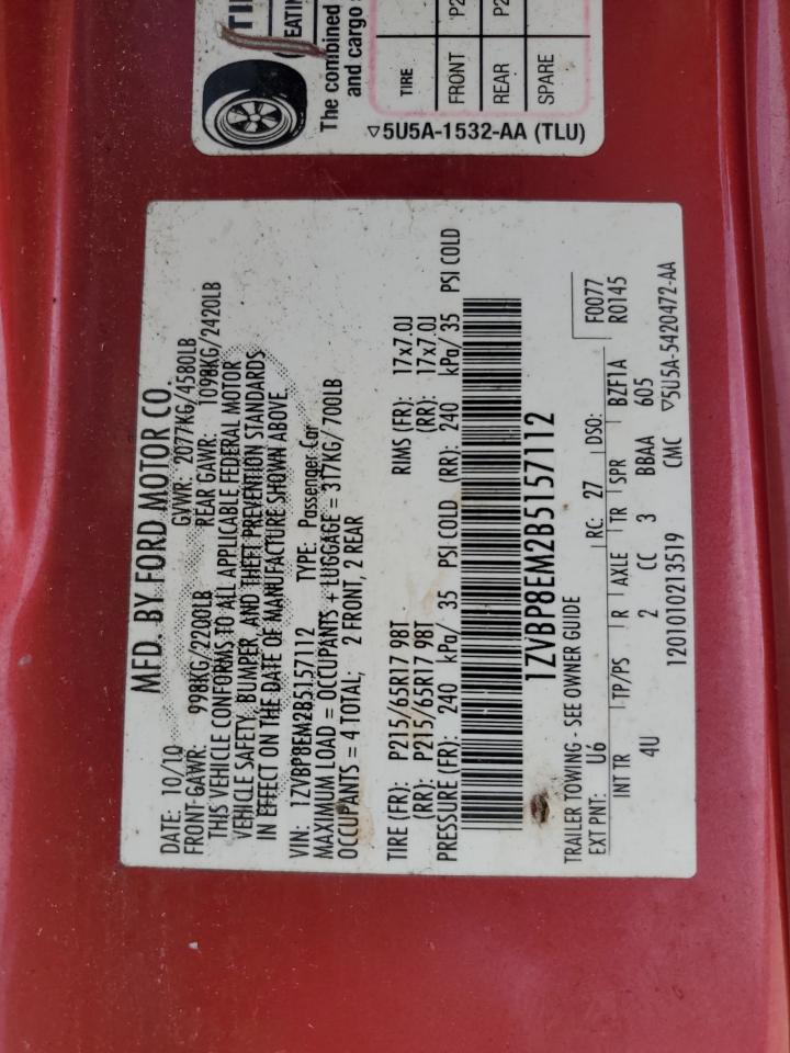 2011 Ford Mustang VIN: 1ZVBP8EM2B5157112 Lot: 62653305