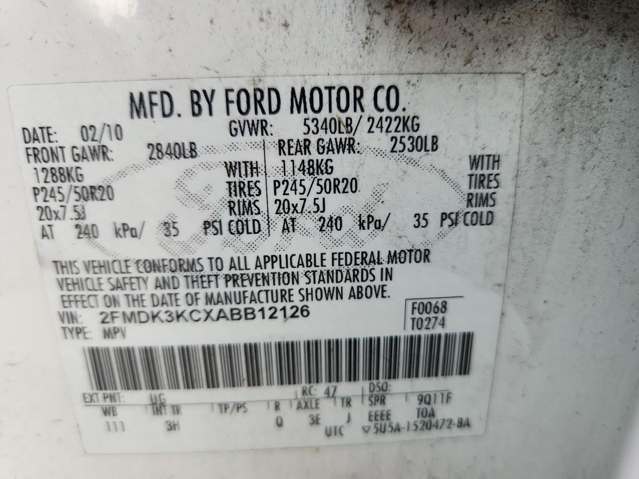 2010 Ford Edge Limited VIN: 2FMDK3KCXABB12126 Lot: 59714535