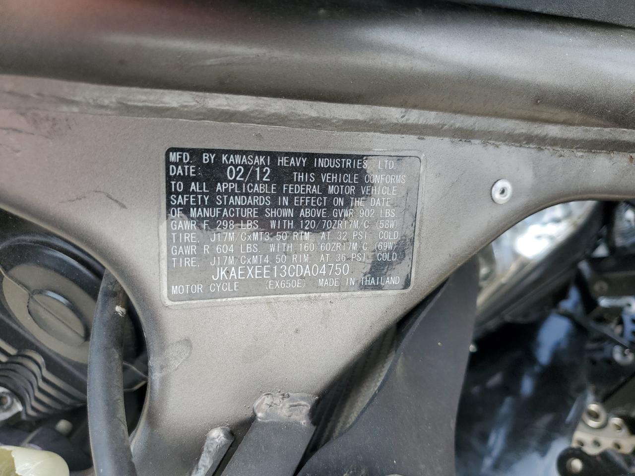 2012 Kawasaki Ex650 Ec VIN: JKAEXEE13CDA04750 Lot: 59053035