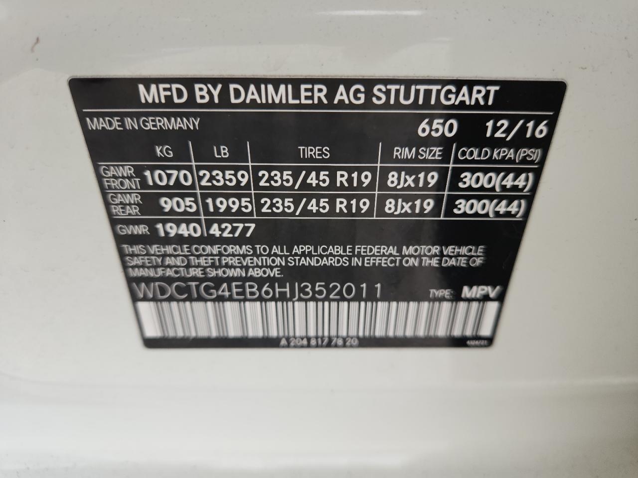 2017 Mercedes-Benz Gla 250 VIN: WDCTG4EB6HJ352011 Lot: 62578665