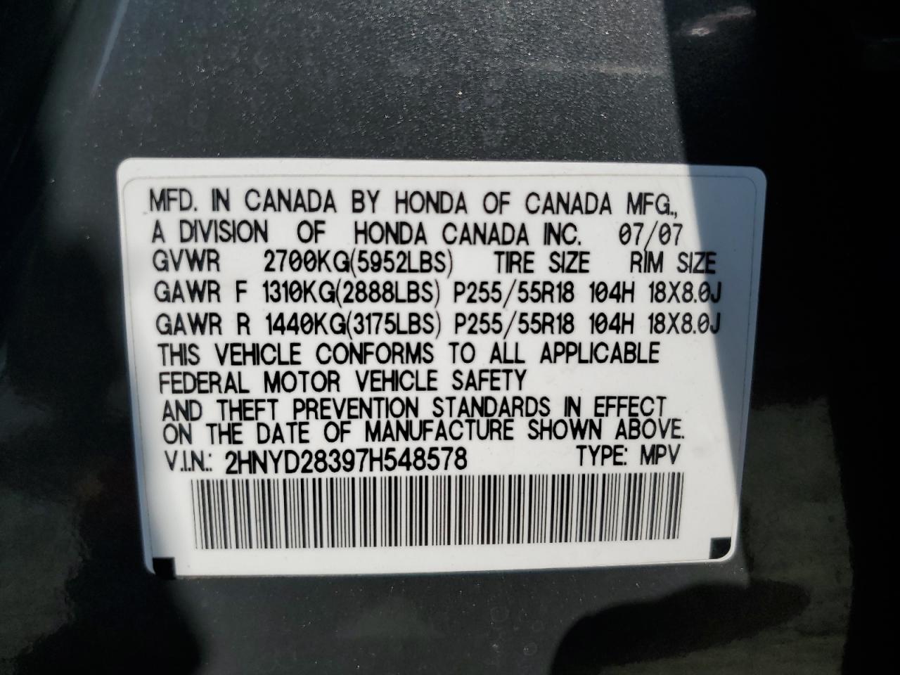 2007 Acura Mdx Technology VIN: 2HNYD28397H548578 Lot: 59514315