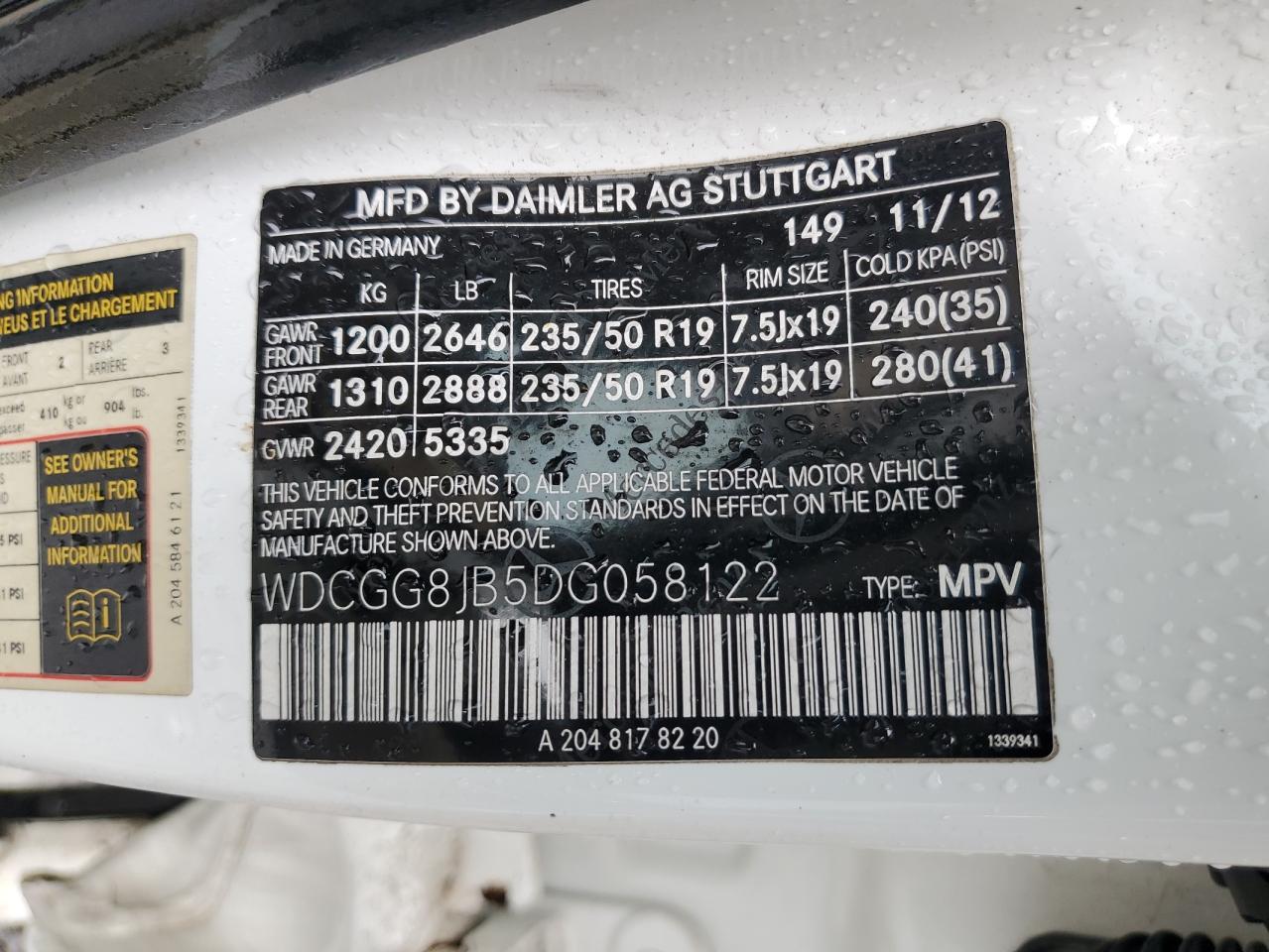 2013 Mercedes-Benz Glk 350 4Matic VIN: WDCGG8JB5DG058122 Lot: 59883025