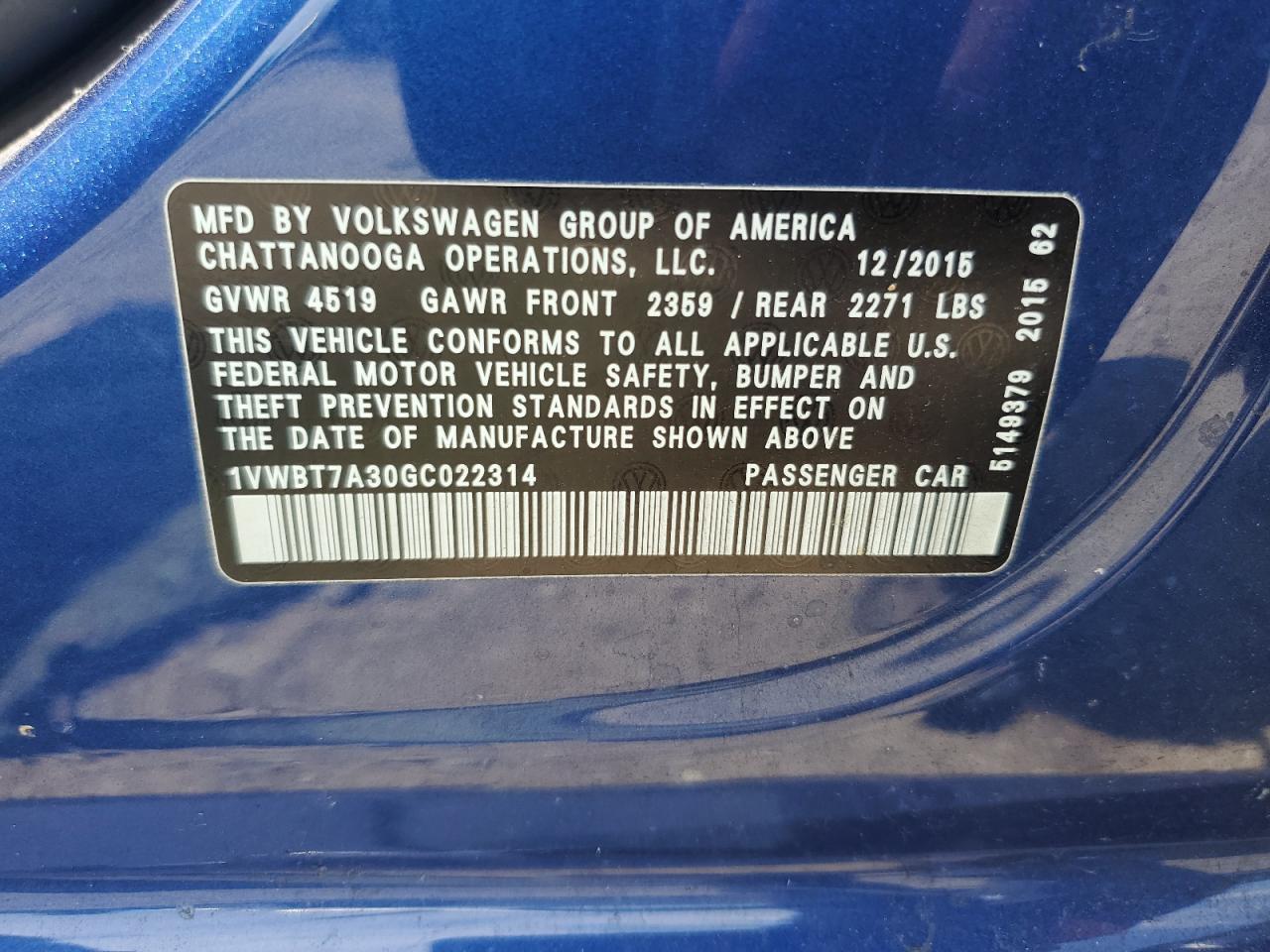 2016 Volkswagen Passat Se VIN: 1VWBT7A30GC022314 Lot: 63062275