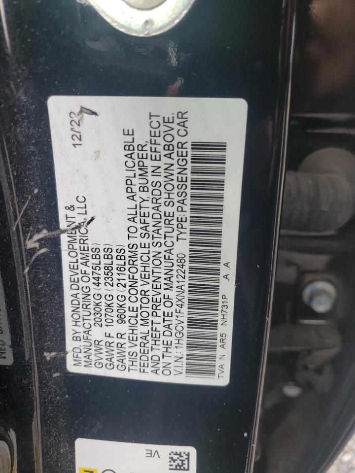 2022 Honda Accord Sport Se VIN: 1HGCV1F4XNA122480 Lot: 61172465