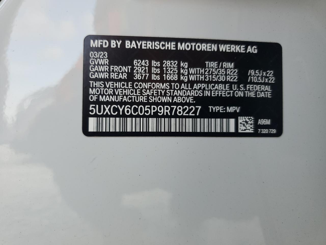 2023 BMW X6 xDrive40I VIN: 5UXCY6C05P9R78227 Lot: 62487585