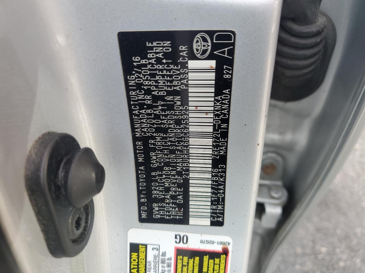 2016 Toyota Corolla L VIN: 2T1BURHE6GC625925 Lot: 62866405