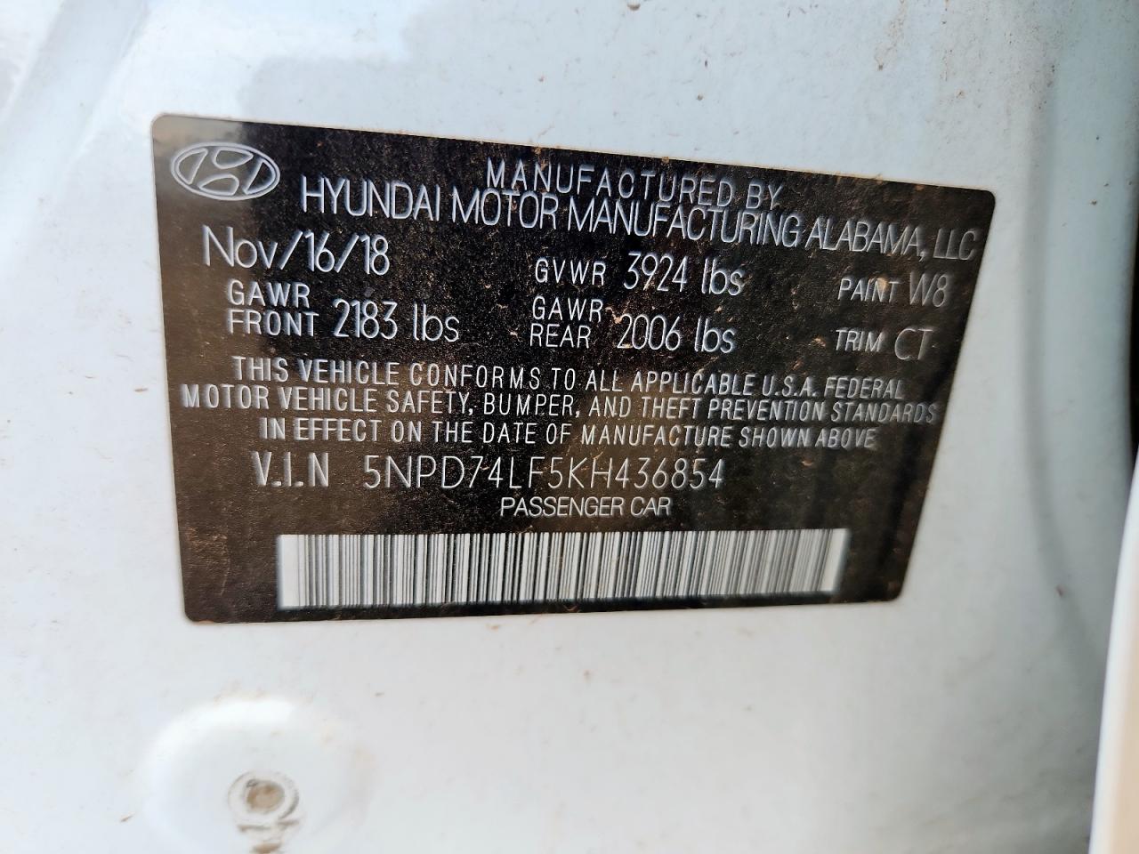 2019 Hyundai Elantra Se VIN: 5NPD74LF5KH436854 Lot: 62657605