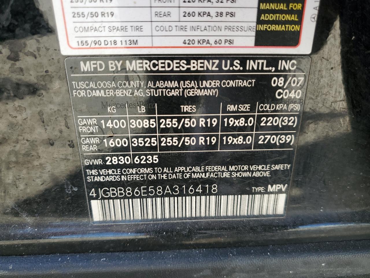 2008 Mercedes-Benz Ml 350 VIN: 4JGBB86E58A316418 Lot: 60355085